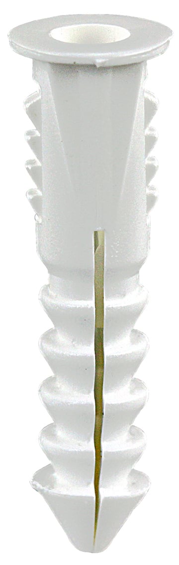 Tapered Anchor with Wings, 1 in. length, 3/16 in. drill size, #4, #6, #8 screw size, Plastic, White