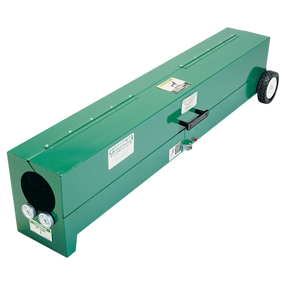 Electric PVC Heater for 1/2" - 4", all schedules with motorized rotation. Easy to use preheat for 10 minutes, open lid and position PVC, close lid, rotate until pliable, open lid, remove PVC and form bend.  Heavy-duty metal construction with reflective interior for fast, efficient heating.  Full length door for easy PVC loading and removal.  On/off switch with indicator light.  Sturdy wheels for easy mobility.  Has two units in tandem to heat large sweep bends.  Heats 50" long section of pipe.