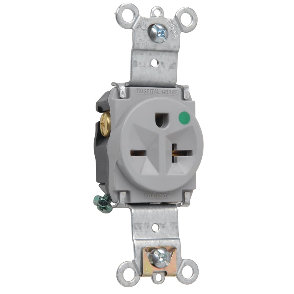Heavy-Duty Hospital Grade Single Receptacle, Back and, Side Wire, 20amp 250volt, Gray