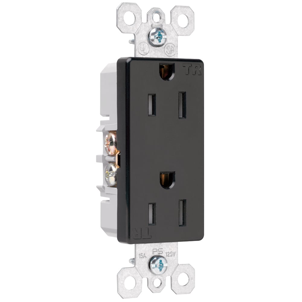 Decorator tamper-resistant receptacle. 15 amp, 125 volt, Black.