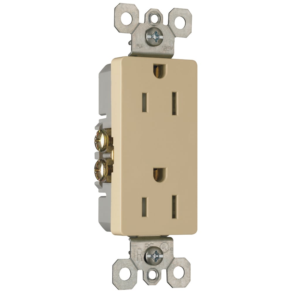 Decorator tamper-resistant receptacle. 15 amp, 125 volt, Ivory.