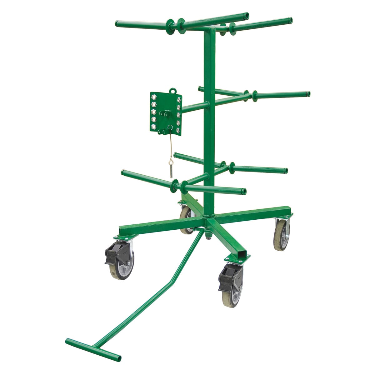Wire Dispenser.  All welded steel construction.  Includes two (2) fixed and two (2) swivel locking heavy-duty casters.  The spool rack consists often (10) spindles and an adjustable guide loop.  Can be turned 360 independent of the base.  Spindles are angled to contain reels and act as a brake while paying out wire.  Fits through a 36" (915 mm) opening.