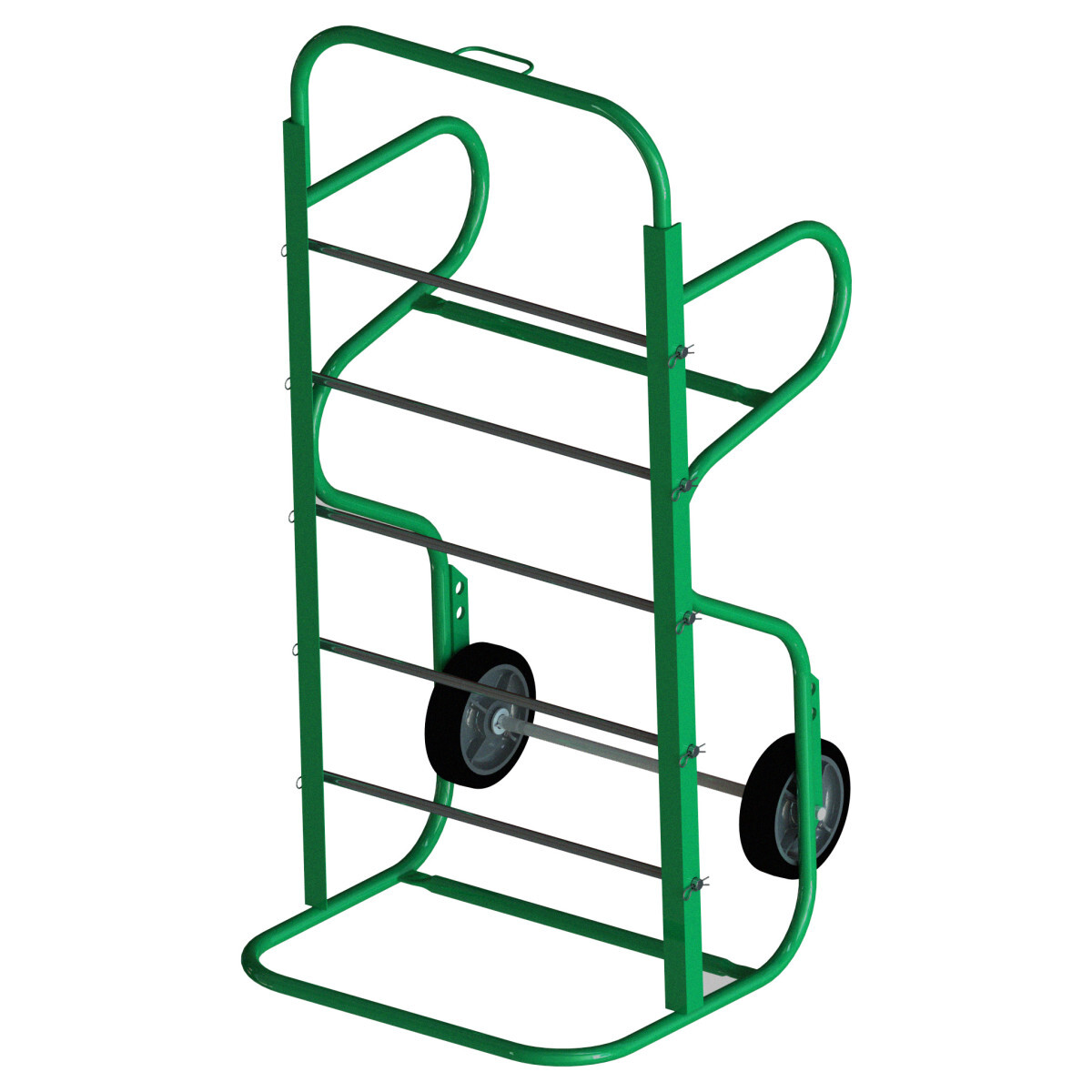Large capacity, excellent for storing, transporting or feeding wire.     Save space, use and store vertically or horizontally.     Five (5) strong reel axleswith spring clip retainers plustwo (2) positions for axle storage allows you to configurefor large reels with no looseparts.     Strong, yet lightweight, tubular steel welded construction with rugged 8 IN (203 mm) wheels.     Built-in wire guide for horizontal dispensing.     Will pass through a 28 IN (711 mm) opening.