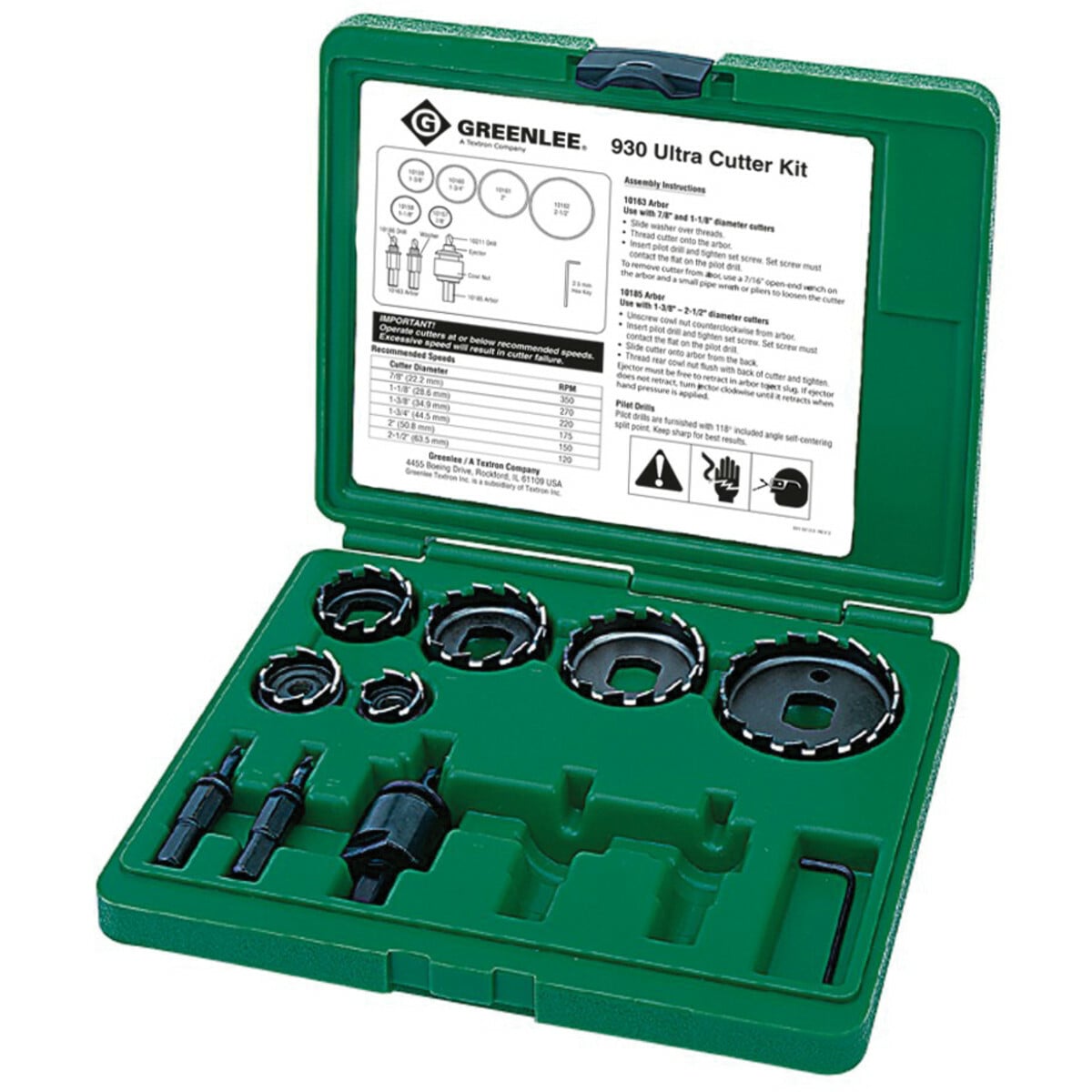 Ultra Cutter Kit.  Includes 7/8" - 2-1/2" cutters, two small arbors for extended assembly to 7/8" and 1-1/8" cutters, large arbor, hex wrench and case.  For conduit sizes 1/2" - 2".  Lasts 10 times longer thanstandard hole saws.  Precision-ground teeth cut smooth, burr-free holes with ease.  1/4" (6.35 mm) capacity.  Durability and speed provide low cost per hole.  Split-point pilot drill prevents walking - makes accurate hole placement easy.  Spring-loaded slug ejector saves time.  No tool required to change cutter sizes.  Less chance of broken teeth because the saw body is machined out of solid, high-speed steel.