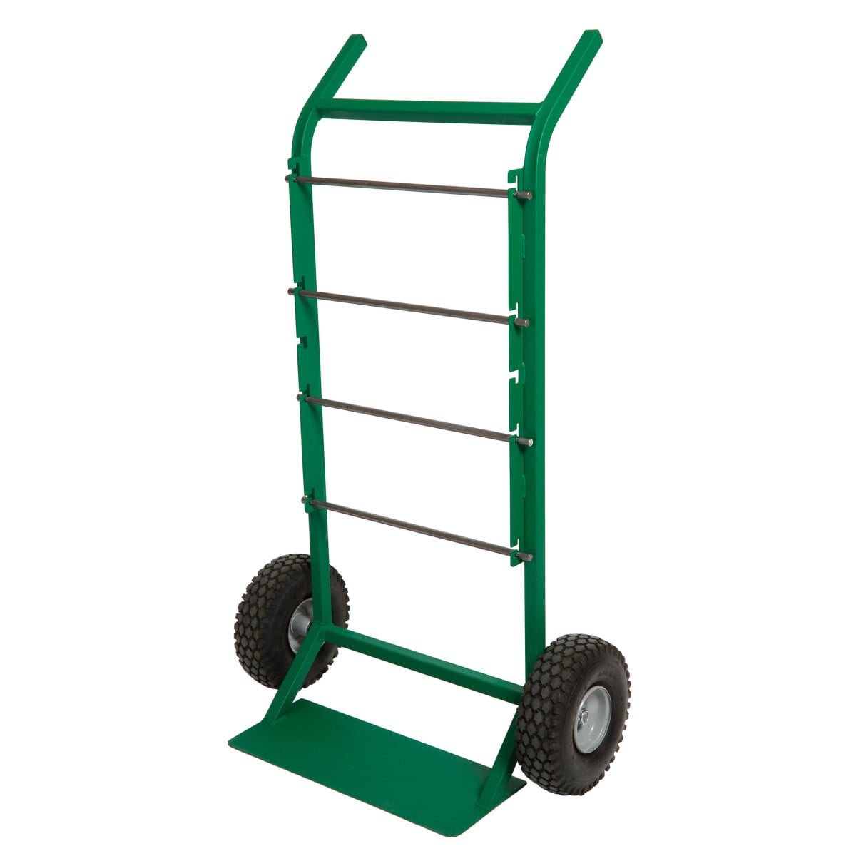 Holds up to twelve (12) spools of #12 AWG wire or eight (8) spools of #10 AWG wire.     10 IN (254 mm) diameter pneumatic tires for jobsite portability.     Pinless design eliminates loose parts.     Four (4) solid steel 1/2 IN (13 mm) spindles included.     Lay cart flat when dispensing wire. Upright for use as hand truck.