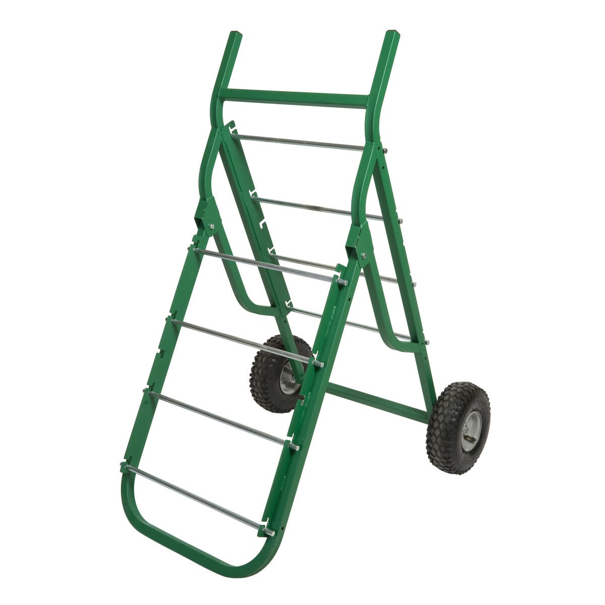 Holds up to twenty for (24) spools of #12 AWG wire or sixteen (16) spools of #10 AWG wire.     Folds for easy storage.     10 IN (254 mm) diameter pneumatic tires for jobsite portability.     Pinless design eliminates loose parts.     Eight (8) solid steel 1/2 IN (12.7 mm) spindles included.     Optional Basket Caddy available to dispense metal-clad cable.