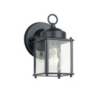 The one light New Street Wall Lantern features a classic profile with Black finish and clear glass panels. It uses a 60-watt (max.) bulb, measures 8in. high, and is U.L. listed for wet location.