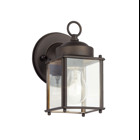 The one light New Street Wall Lantern features a classic profile, solid brass construction with Olde Bronze finish, and clear glass panels. It uses a 60-watt (max.) bulb, measures 8in. high, and is U.L. listed for wet location.