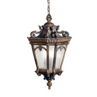 The Tournai(TM) 99in; 3 Light outdoor pendant light features an ornate look with its clear seeded glass and Londonderry(TM) finish. The Tournai wall light works in a traditional environment.