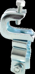 Set Screw Beam Clamp (Steel) with Conduit Hanger with Nut and Bolt Assembly, Beam Clamp Fits Up to 1/2" Flange, 1/4"-20 Tapping on Back of Beam Clamp, Hanger Fits 1" EMT and Rigid/IMC, Includes 1/4"-20 x 1-1/4" Bolt and 1/4"-20 Hex Nut, Zinc Plated
