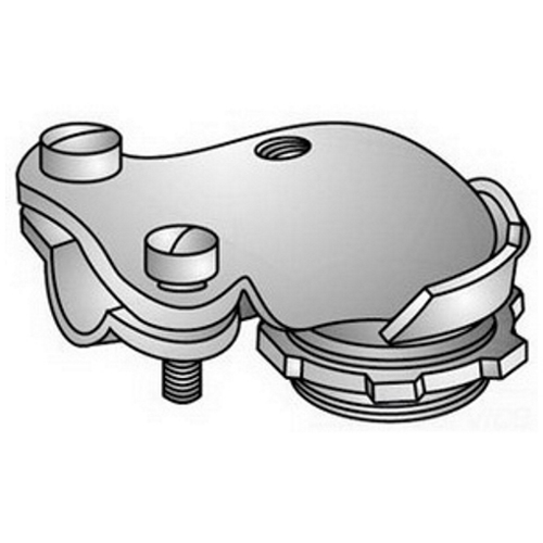OZ-Gedney Type ACV 90 DEG Center Stopped 2-Screw Clamp Connector, Size: 3/8 IN (1/2 IN KO), Connection: Male NPS Hub X Set Screw, Conductor Range: 23/64 - 21/32 IN, Malleable Iron, Finish: Zinc Electroplated, 7/16 IN Thread Length, Dimension A: 1-5/16 IN, Dimension B: 13/16 IN, Third Party Certification: UL File Number E-11852 (Armored Cable And Flexible Metal Conduit), Hazardous Location: NEC 501-4(b) Class I Division II, NEC 350-5 (Grounding Means), CSA 9795 And 11584 (Armored cable and Flexible Metal Conduit), Applicable Third Party Standards: UL 514B, CSA C22.2 No.18, Federal Specification W-F-406E, NEMA : FB-1, For Armored Cable, Flexible Metal Conduit, Non-Metallic And Service Entrance Cable