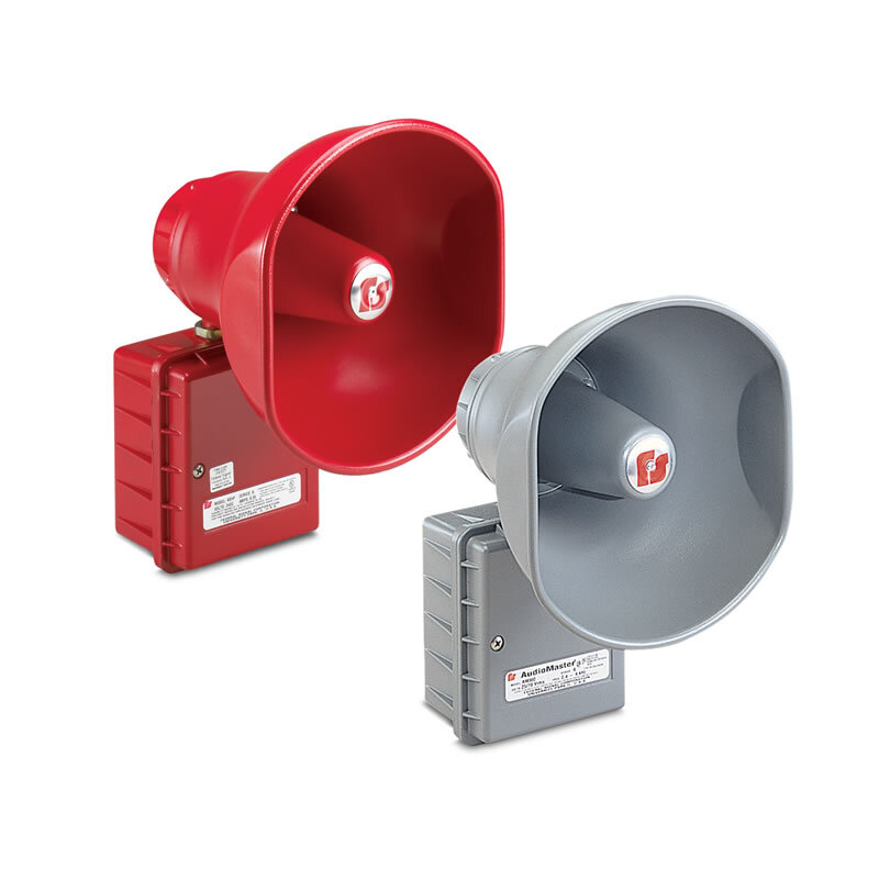 AudioMaster Public Address 15 Watt Speaker Gray - 15 watt (AM300) or 30 watt (AM302). Transformer coupled. 25 or 70 Vrms. Re-entrant horn design. Wall mount. Indoor and outdoor use. Type 3R enclosure. CSFM Approved. UL Fire Listed.