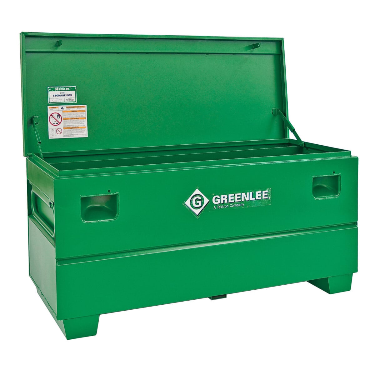 Storage Chest Without Tray, 14" x 32" x 19".  Recessed and concealed lock protector for maximum security against drilling and cutting lock.  Enhanced lid bolster for added support and durability.  Steel support arm(s) to hold lid in open position.  Patented, ergonomically designed fold-down recessed handles