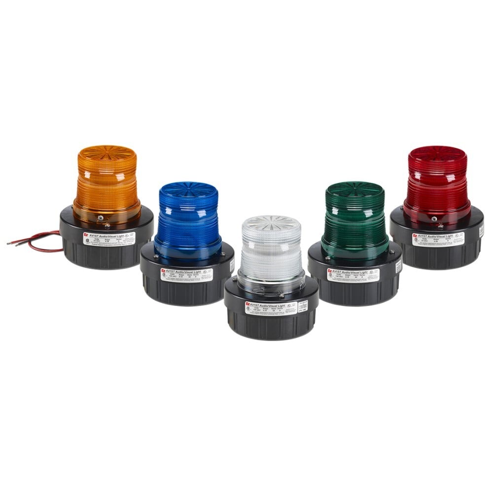 Strobe Combination Audible/Visual Signal, 120VAC, Red - Available in 24VDC and 120VAC. Surface mount, integrated 1/2-inch NPT pipe mount and 4-inch electrical box mount. Five lens colors: Amber, Blue, Clear, Green and Red. Twist-off lens for easy access. Internal buzzer produces 85 dBA at 10 feet (95 dBA at 1m). Conformal coated PCB. Type 3R enclosure. CSA Certified. UL and cUL Listed.