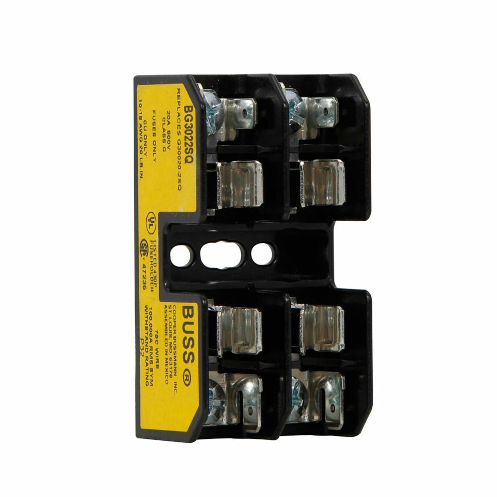 Eaton Bussmann series BG open fuse block, Open fuse block, 1-20 A, Two-pole, Class G, 100 kA, Box lug, 100 kAIC, 600 V