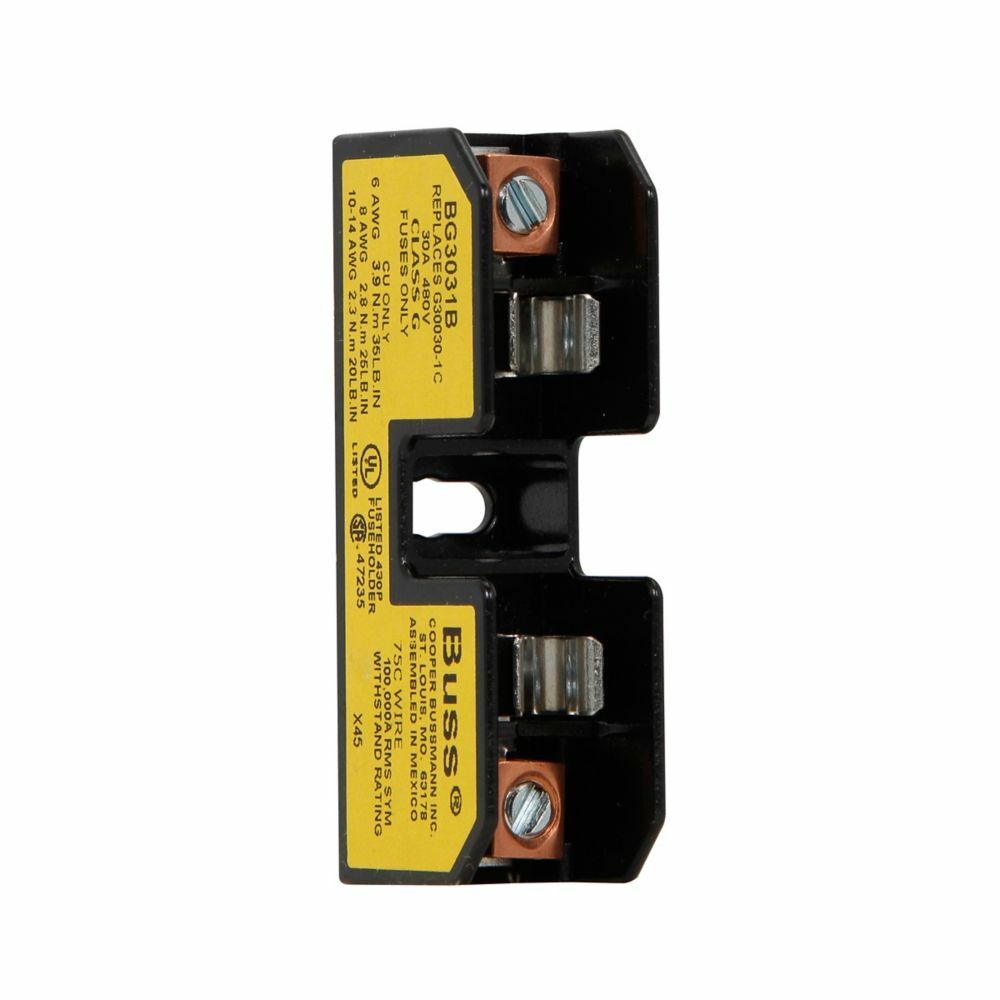 Eaton Bussmann series BG open fuse block, Open fuse block, 25-30 A, Single-pole, Class G, 100 kA, Box lug, 100 kAIC, Thermoplastic, 480 V, For use with SC fuse, #14-6 AWG Cu