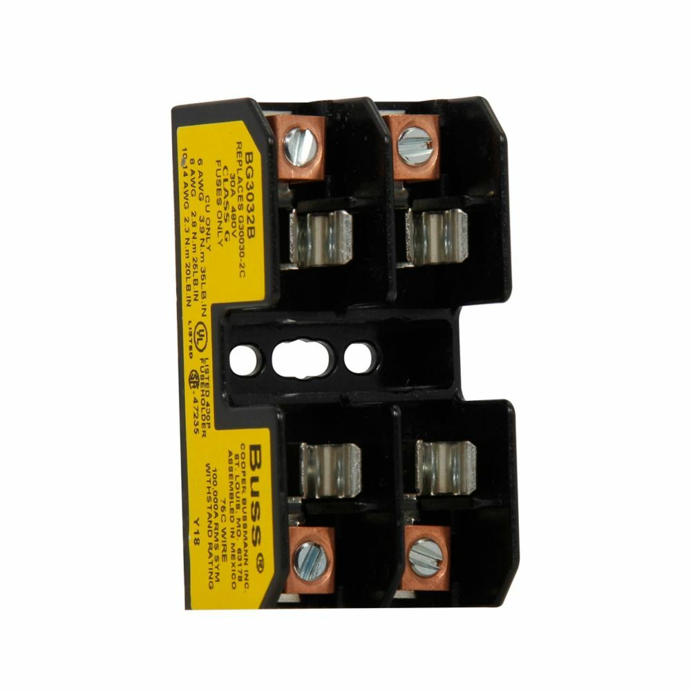 Eaton Bussmann series BG open fuse block, Open fuse block, 25-30 A, Two-pole, Class G, 100 kA, Box lug, 100 kAIC, Thermoplastic, 480 V, For use with SC fuse, #14-6 AWG Cu