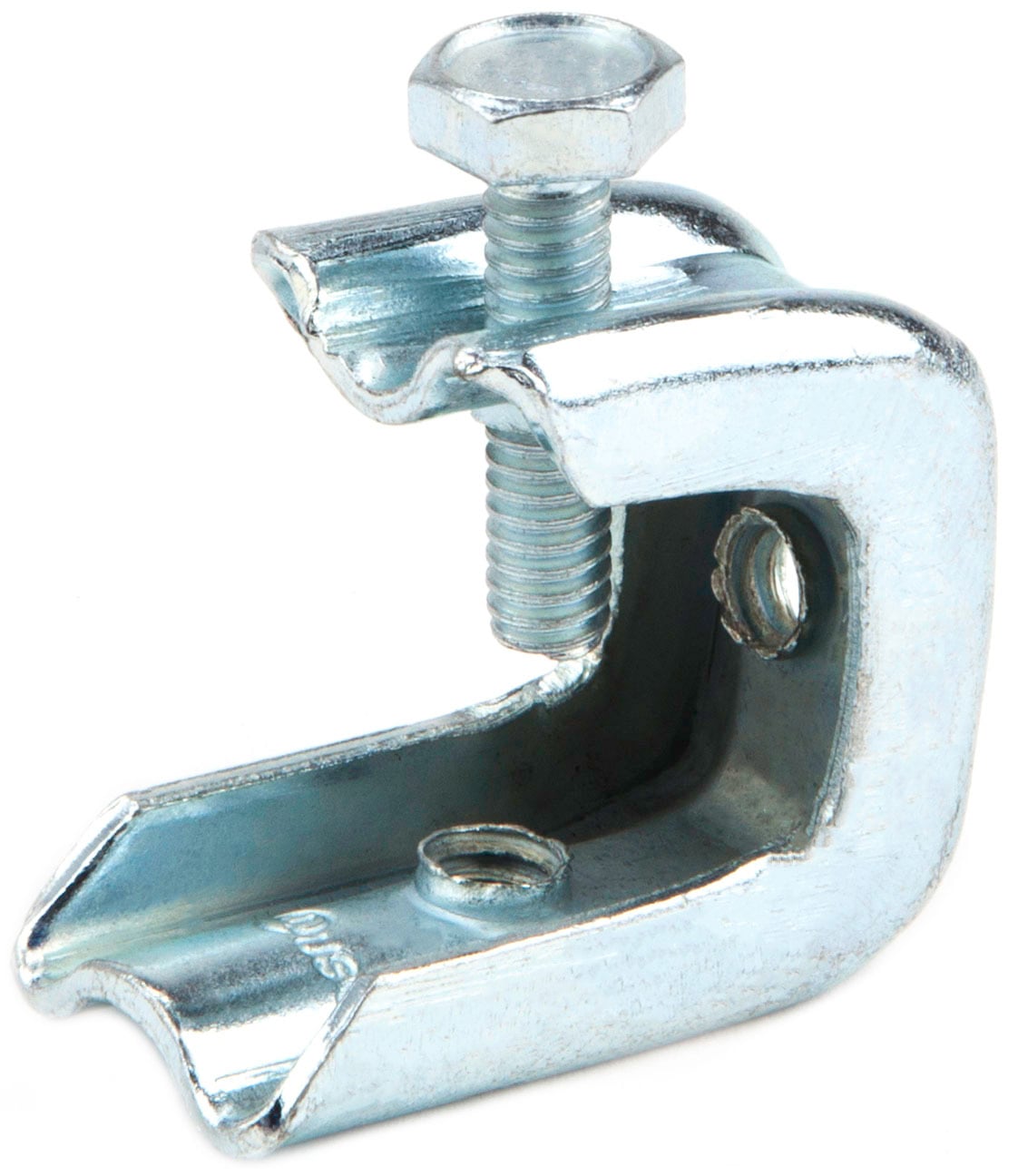 Beam Clamp, Steel material, 1/4-20 in. Size, Zinc Plated Finish, 1/4 x 1, 1/4-20 in. set screw, 0.672 in. flange width, 2 fastening hole