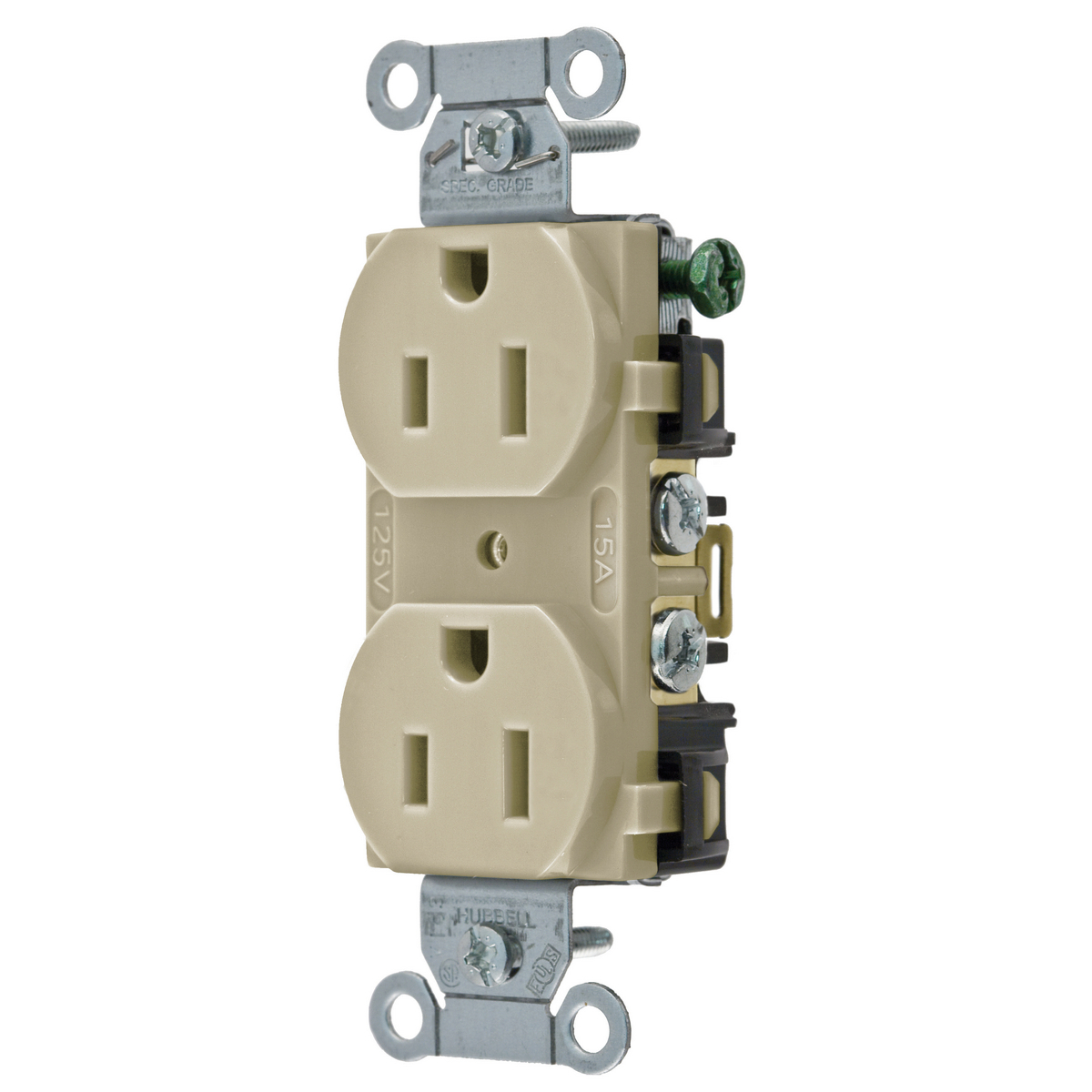 Straight Blade Devices, Receptacles, Duplex, Commercial/Industrial Grade, 2-Pole 3-Wire Grounding, 15A 125V, 5-15R, Ivory, Single Pack.