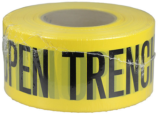 Barricade Tape, Yellow, 1000 ft. length, Reusable Polyethylene material, "Caution Open Trench" legend, 3 mil. thickness, 3 in. width