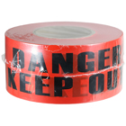 Barricade Tape, Red, 1000 ft. length, Reusable Polyethylene material, "Danger Keep Out" legend, 3 mil. thickness, 3 in. width