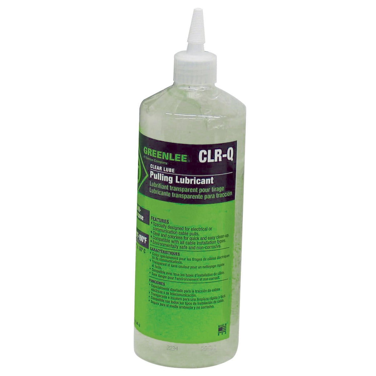Clear Cable Lube Quart.  Designed for use within electrical or datacom cable pulls.  Clear and colorless for quick, easy clean-up.  Environmentally safe, non-hazardous, non-toxic and non-corrosive.  Easy to apply either by hand, brush or pump.  Polymer base with no silicon additives.  Three-year shelf life with no deterioration in lubricant.