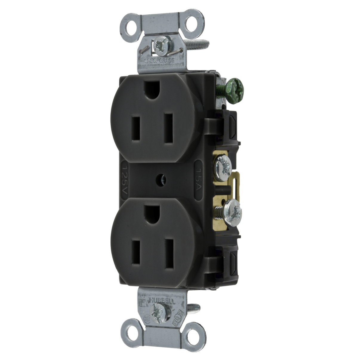 Straight Blade Devices, Receptacles, Duplex, Commercial Grade, 2-Pole 3-Wire Grounding, 15A 125V, 5-15R, Black, Single Pack.