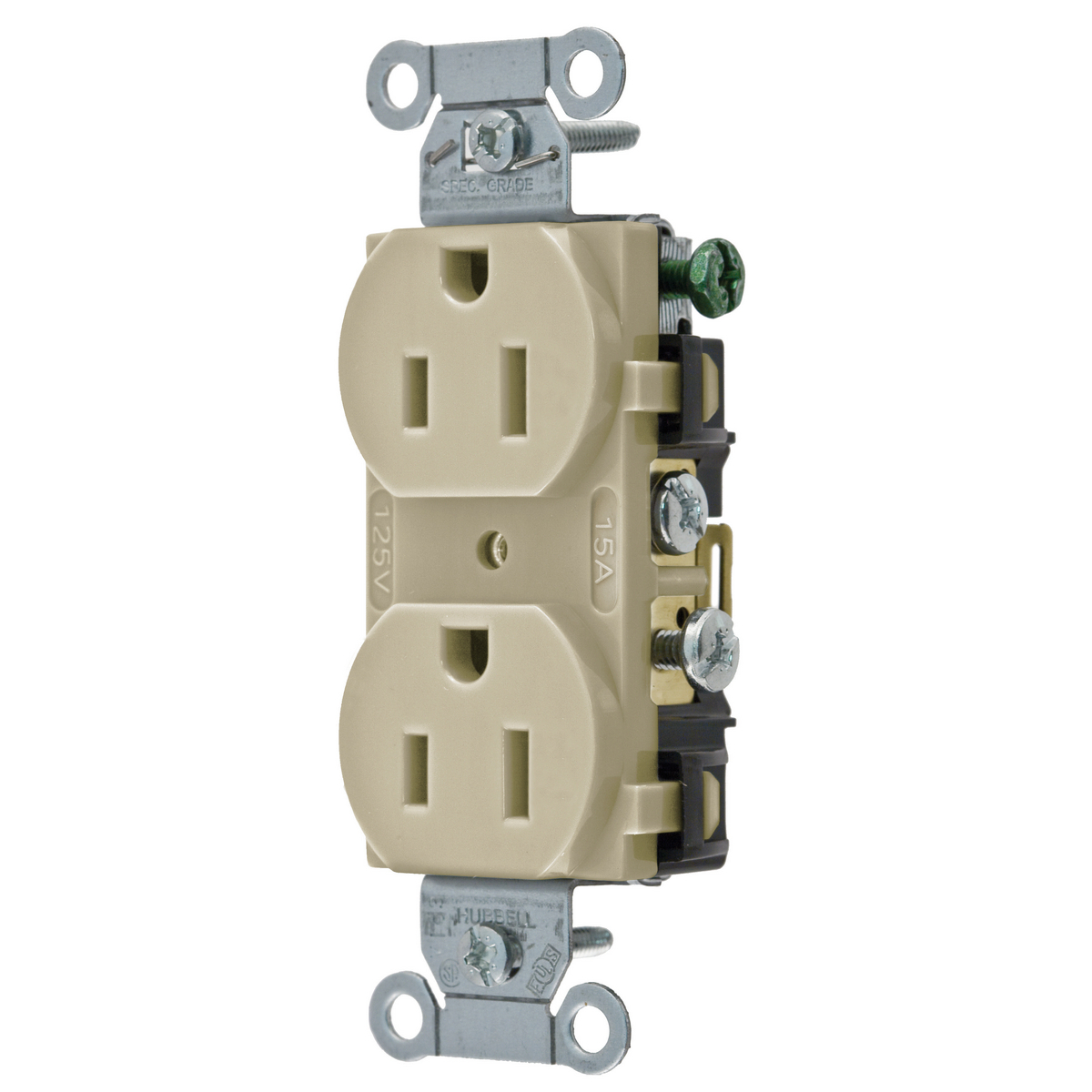 Straight Blade Devices, Receptacles, Duplex, Commercial Grade, 2-Pole 3-Wire Grounding, 15A 125V, 5-15R, Ivory, Single Pack.