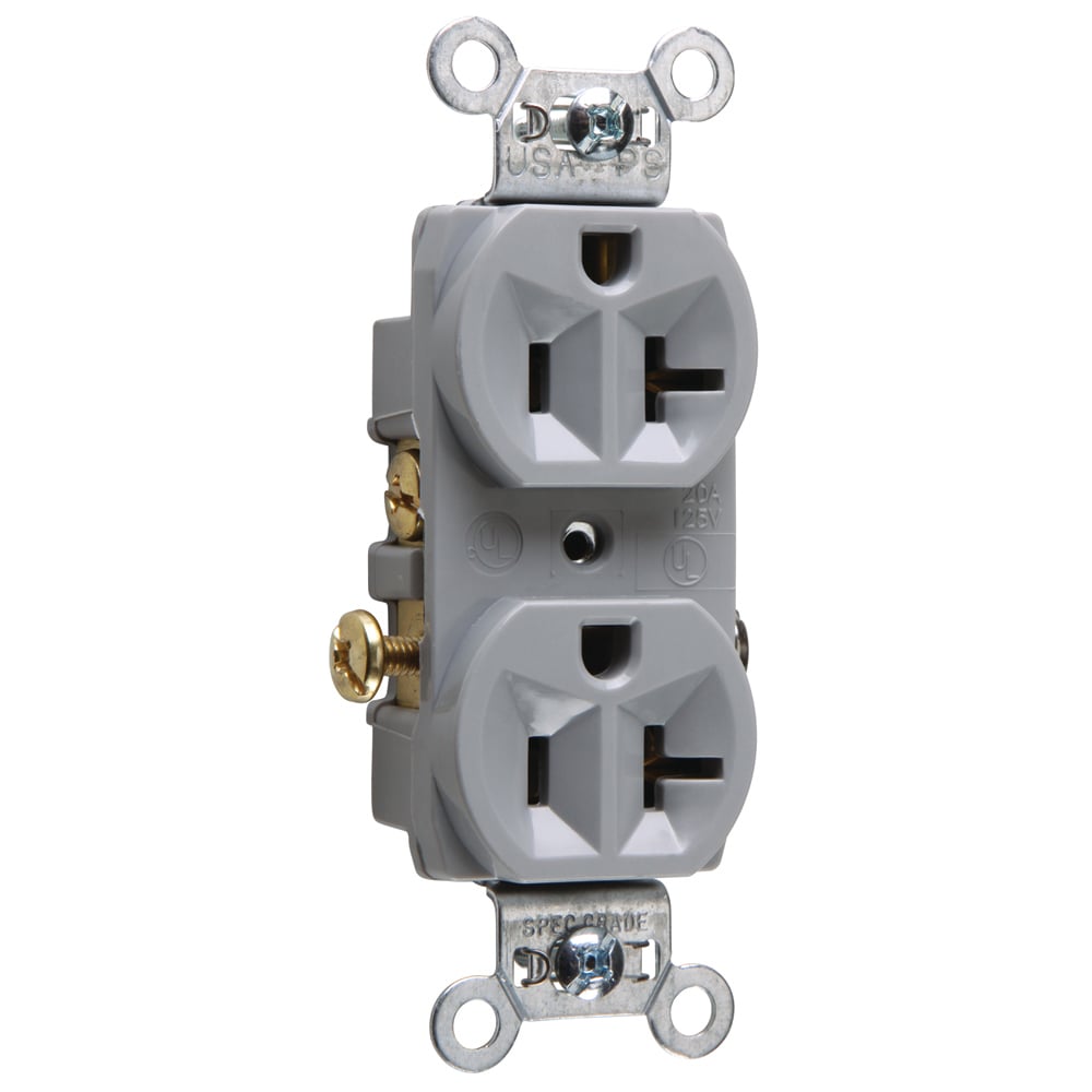 Commercial Spec Grade Duplex Receptacle, Side Wire, 20amp 125volt, Gray