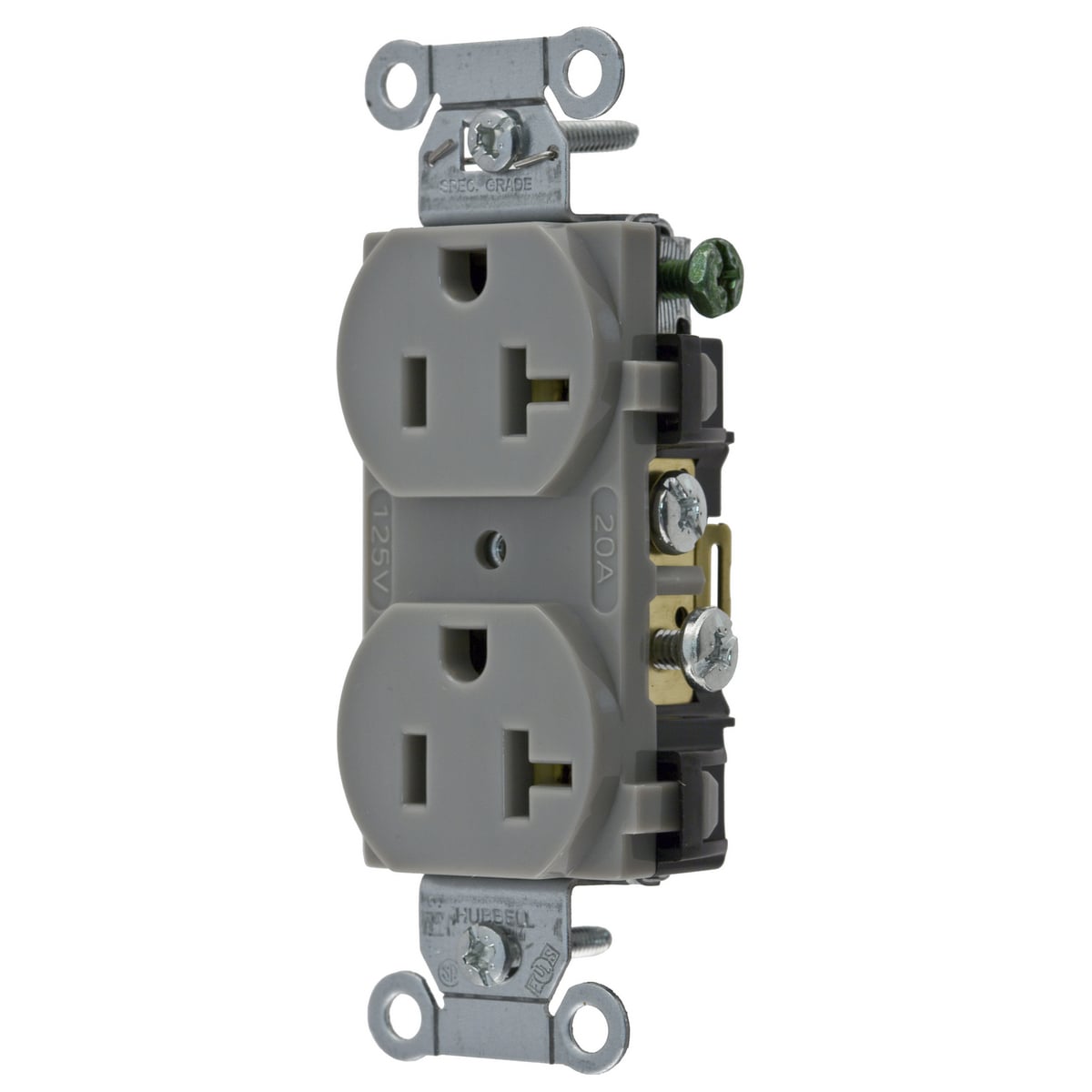 Straight Blade Devices, Receptacles, Duplex, Commercial Grade, 2-Pole 3-Wire Grounding, 20A 125V, 5-20R, Gray, Single Pack.