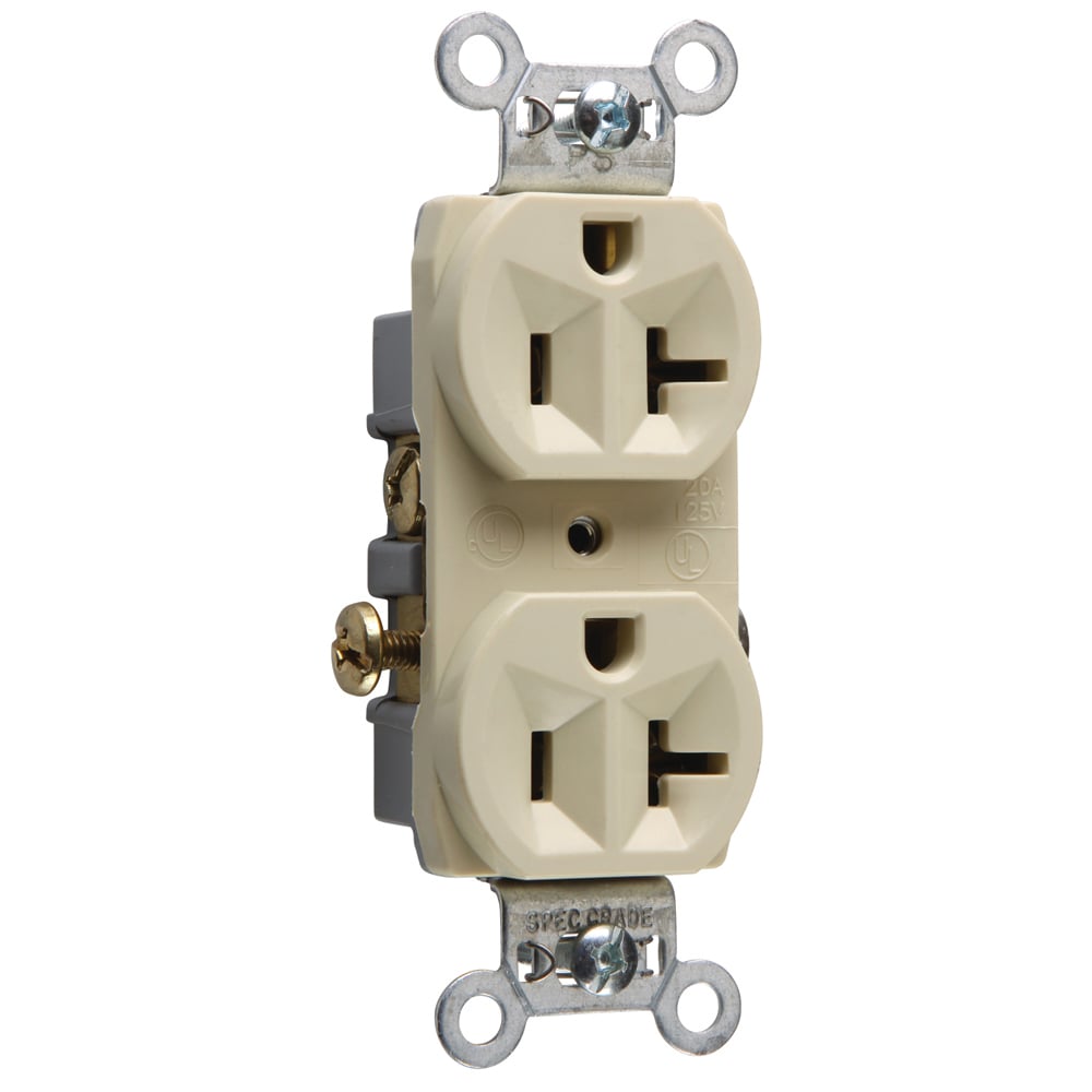 Commercial Spec Grade Duplex Receptacle with side wire. Itis corrosion-resistantwith aplated steel strap locked in to face and back body to resist pulling away from face/body assembly. Ithas aneasily accessed break-off, line-contact connecting tab for fast, easy split-circuit wiring. It also has an impact-resistant nylon face and thermoplastic back body. 20amp, 125volt, Ivory