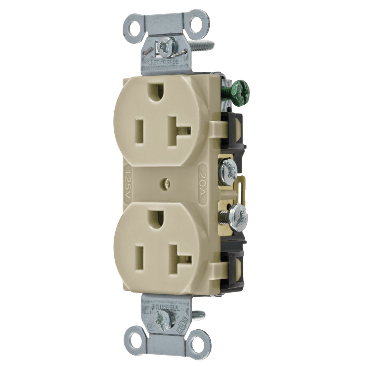 Straight Blade Devices, Receptacles, Duplex, Commercial Grade, 2-Pole 3-Wire Grounding, 20A 125V, 5-20R, Ivory, Single Pack.
