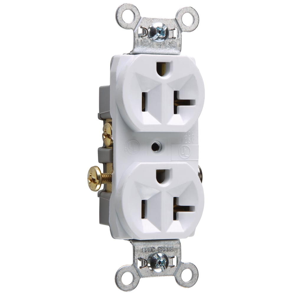 Commercial Spec Grade Duplex Receptacle with side wireis corrosion-resistant with aplated steel strap locked in to face and back body to resist pulling away from face/body assembly. It has aneasily accessed break-off, line-contact connecting tab for fast foreasy split-circuit wiring. It also has an impact-resistant nylon face and thermoplastic back body. 20amp, 125volt, White.