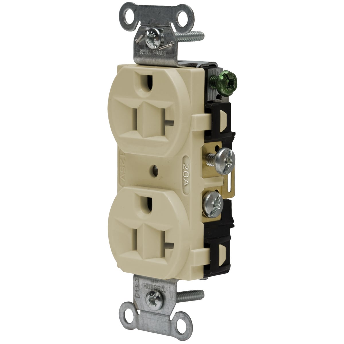 Straight Blade Devices, Receptacles, Duplex, Commercial Grade, 2-Pole 3-Wire Grounding, 20A 125V, 5-20R, Ivory, Single Pack.