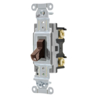 Switches and Lighting Controls, Toggle Switch, Commercial Grade, Single Pole, 20A 120/277V AC, Side Wired, Brown Toggle.