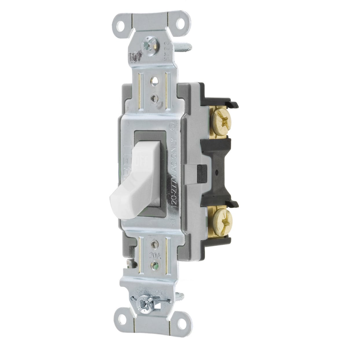 Switches and Lighting Controls, Toggle Switch, Commercial Grade, Single Pole, 20A 120/277V AC, Side Wired, White Toggle.