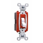 Commercial single pole switch in white, withside wire, is made with high strength thermoplastic polycarbonate toggle which resists breaking and chipping under heavy abuse.Its one-piece brass alloy contact arm allowsfor reliable electrical performance. Also, the one-piece steel strap with integral ground is plated for corrosion resistance. The heavy-duty toggle bumpers allow for a smooth and quiet operation. 20amp 120/277volt.
