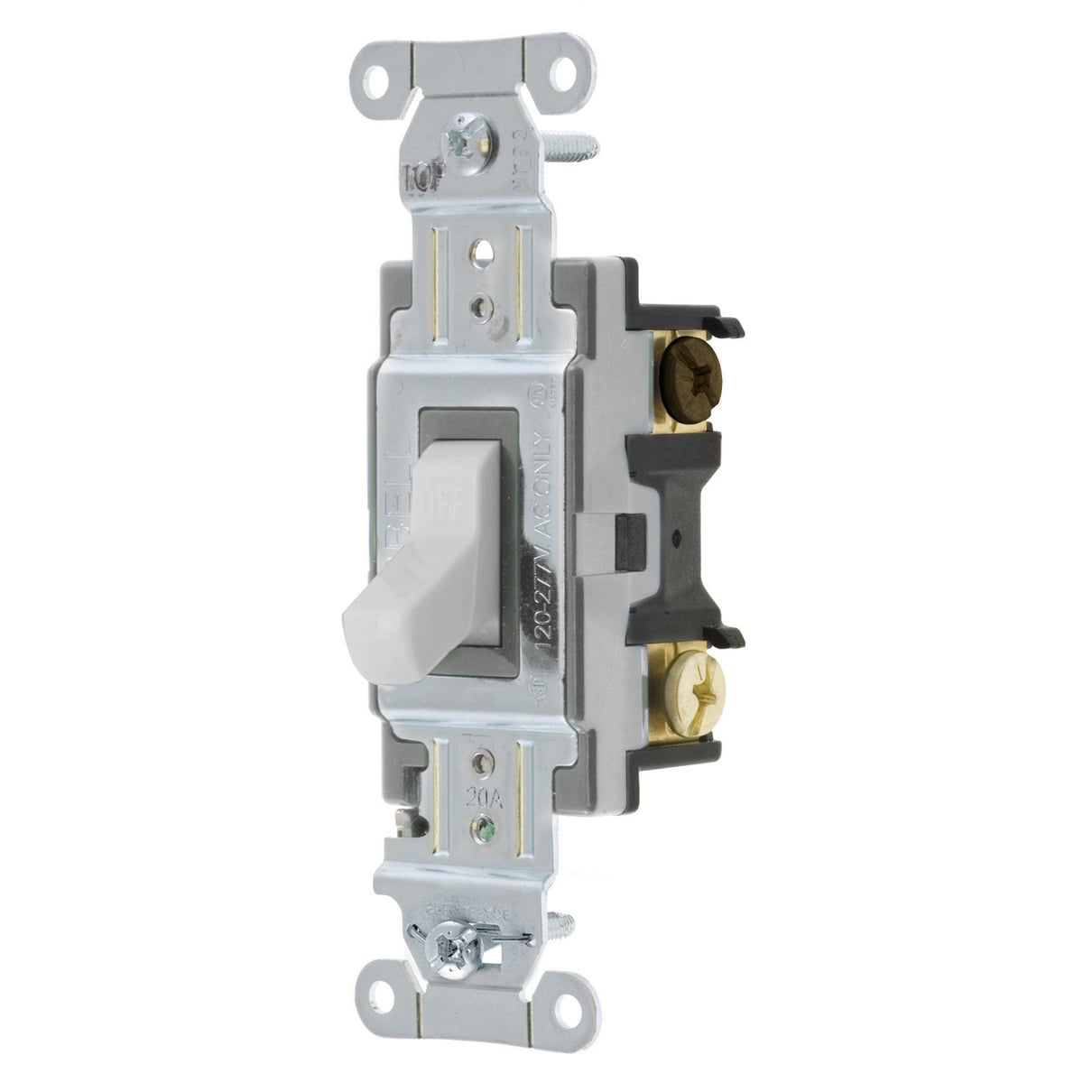 Switches and Lighting Controls, Toggle Switch, Commercial Grade, Three Way, 20A 120/277V AC, Side Wired, White Toggle.