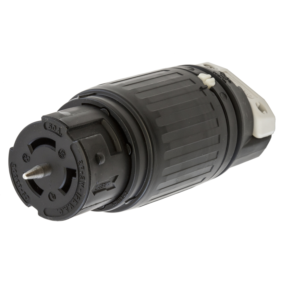 Locking Devices, Twist-Lock, Industrial, Female Connector Body, 50A 125V, 2-Pole 3-Wire Grounding, Non-NEMA, Screw Terminal, Black and White