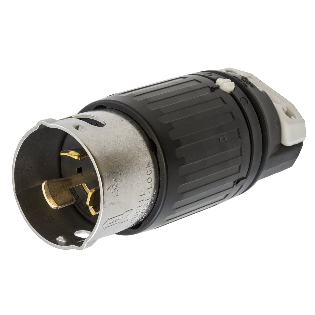 Locking Devices, Twist-Lock, Industrial, Male Plug, 50A, 125V, 2-Pole 3-Wire Grounding, Non-NEMA, Screw Terminal, Black and White