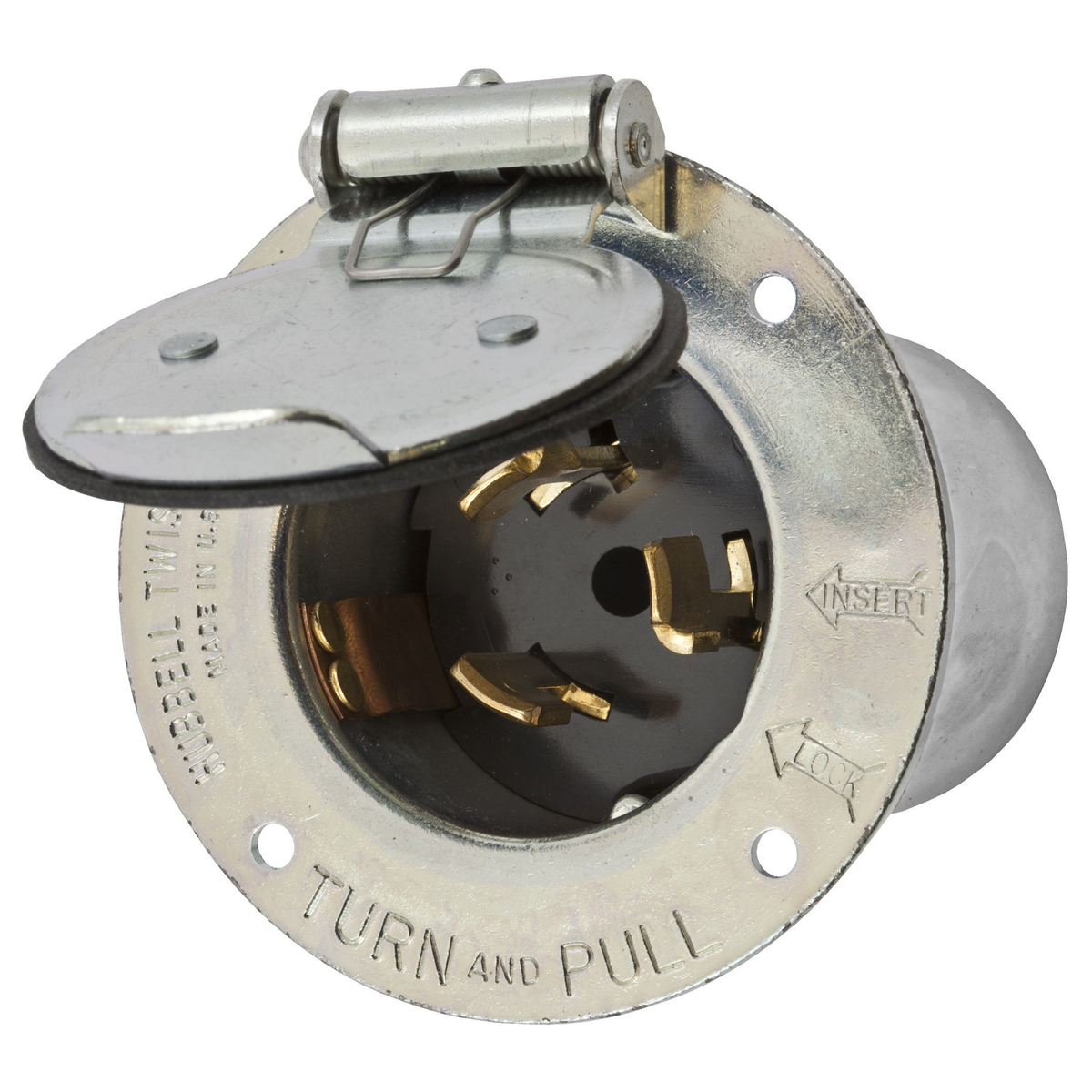 Locking Devices, Twist-Lock, Industrial, Flanged Inlet, 50A, 125/250V, 3-Pole 4-Wire Grounding, Non-NEMA, Screw Terminal, Steel, With LiftCover