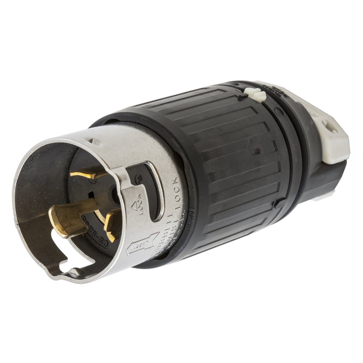 Locking Devices, Twist-Lock, Industrial, Male Plug, 50A, 250V, 2-Pole 3-Wire Grounding, Non-NEMA, Screw Terminal, Black and White
