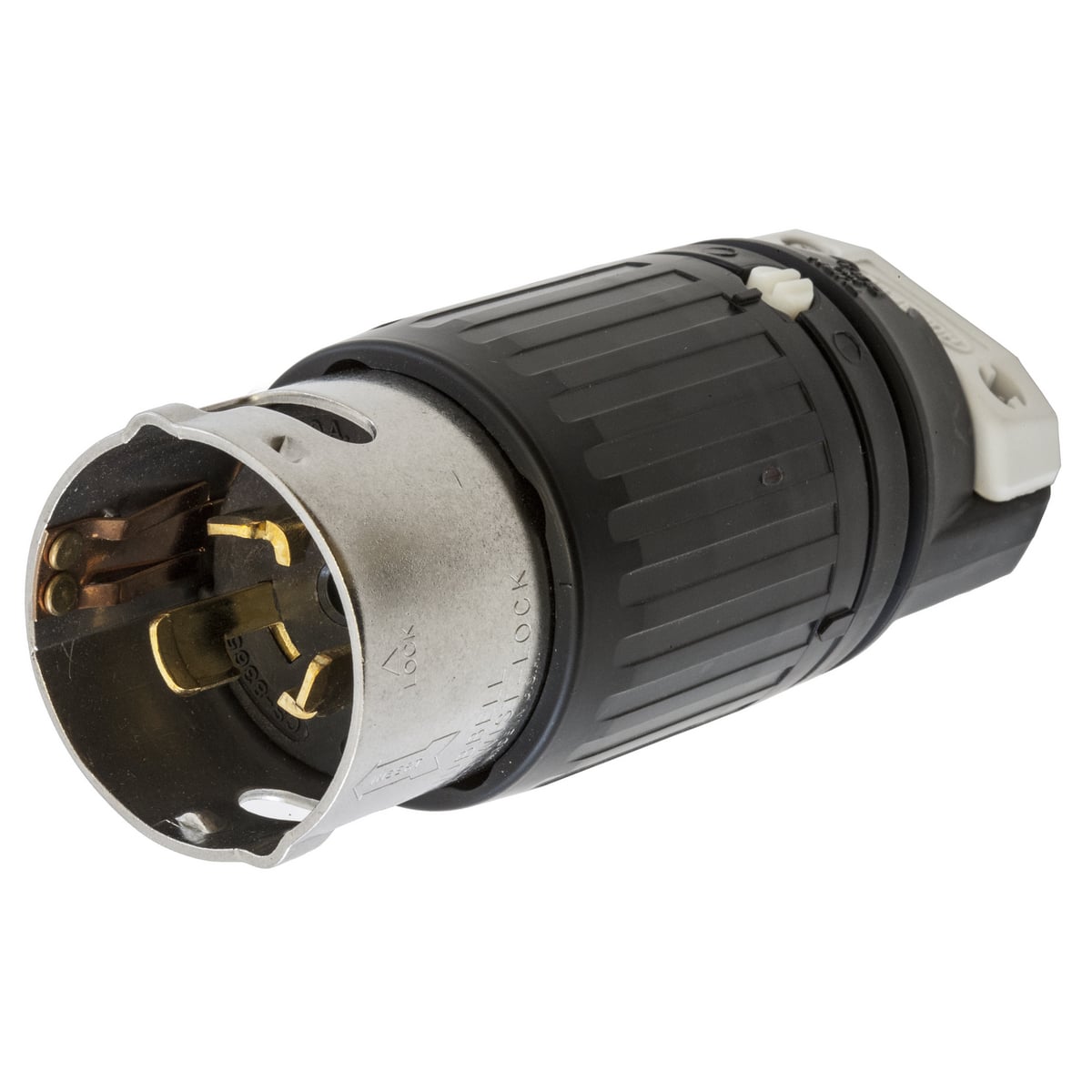 Locking Devices, Twist-Lock, Industrial, Male Plug, 50A, 3-Phase Delta 250V AC, 3-Pole 4-Wire Grounding, Non- NEMA, Screw Terminal, Black and White