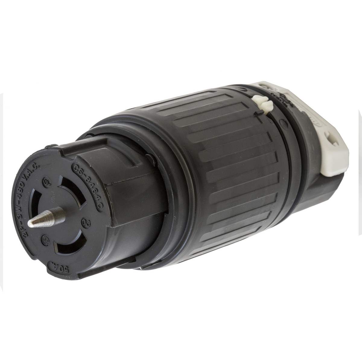 Locking Devices, Twist-Lock, Industrial, Female Connector Body, 50A 480V AC, 2-Pole 3-Wire Grounding, Non-NEMA, Screw Terminal, Black and White