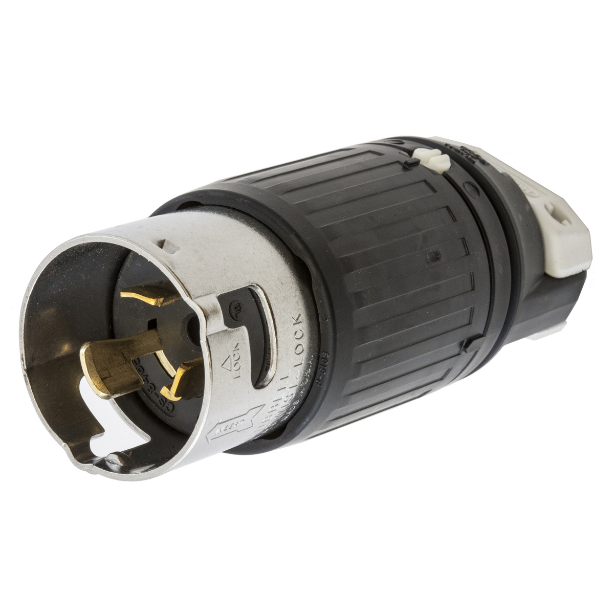 Locking Devices, Twist-Lock, Industrial, Male Plug, 50A 480V AC, 2-Pole 3-Wire Grounding, Non-NEMA, Screw Terminal, Black and White
