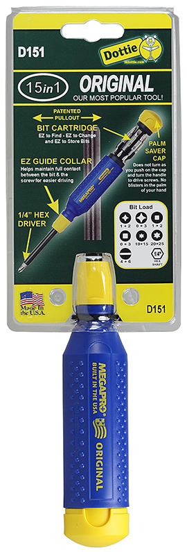 Megapro, Screwdriver Set, Phillips-#0, #1, #2, #3, Square-#0, #1, #2, #3, Slotted-#4, #6, Star-T10, T15, T20, T25 tip size, Phillips, Square, Slotted, Star tip type, Yellow/Blue handle color, 1/4 in. blade width, Hex shank shape