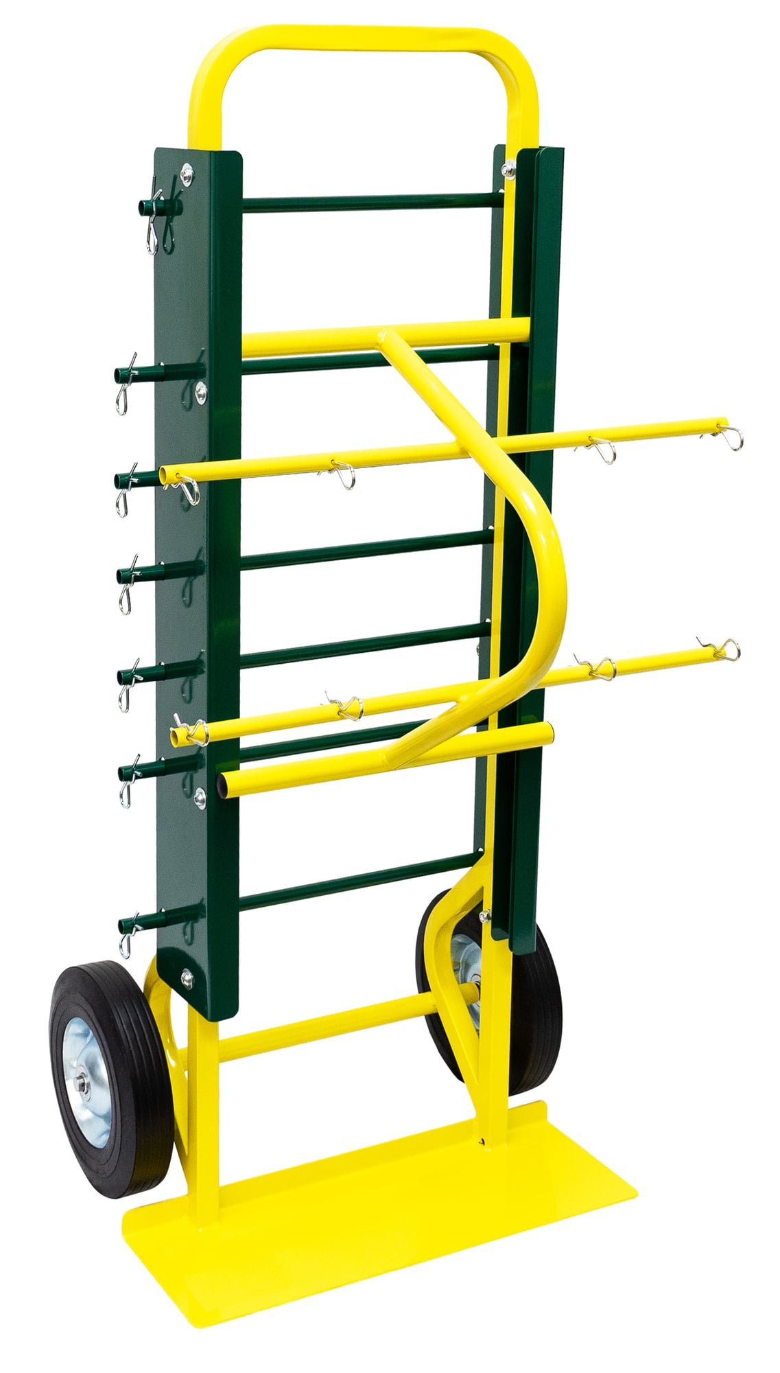 General Duty Dolly, Hard Rubber wheel type, 650 lb. horizontal load capacity, 48.5 in. overall height, 10 in. wheel diameter. Supplied with five 15-1/2" adjustable/removable bars to accommodate various sizes of wire spools. Comes with one DD205HT