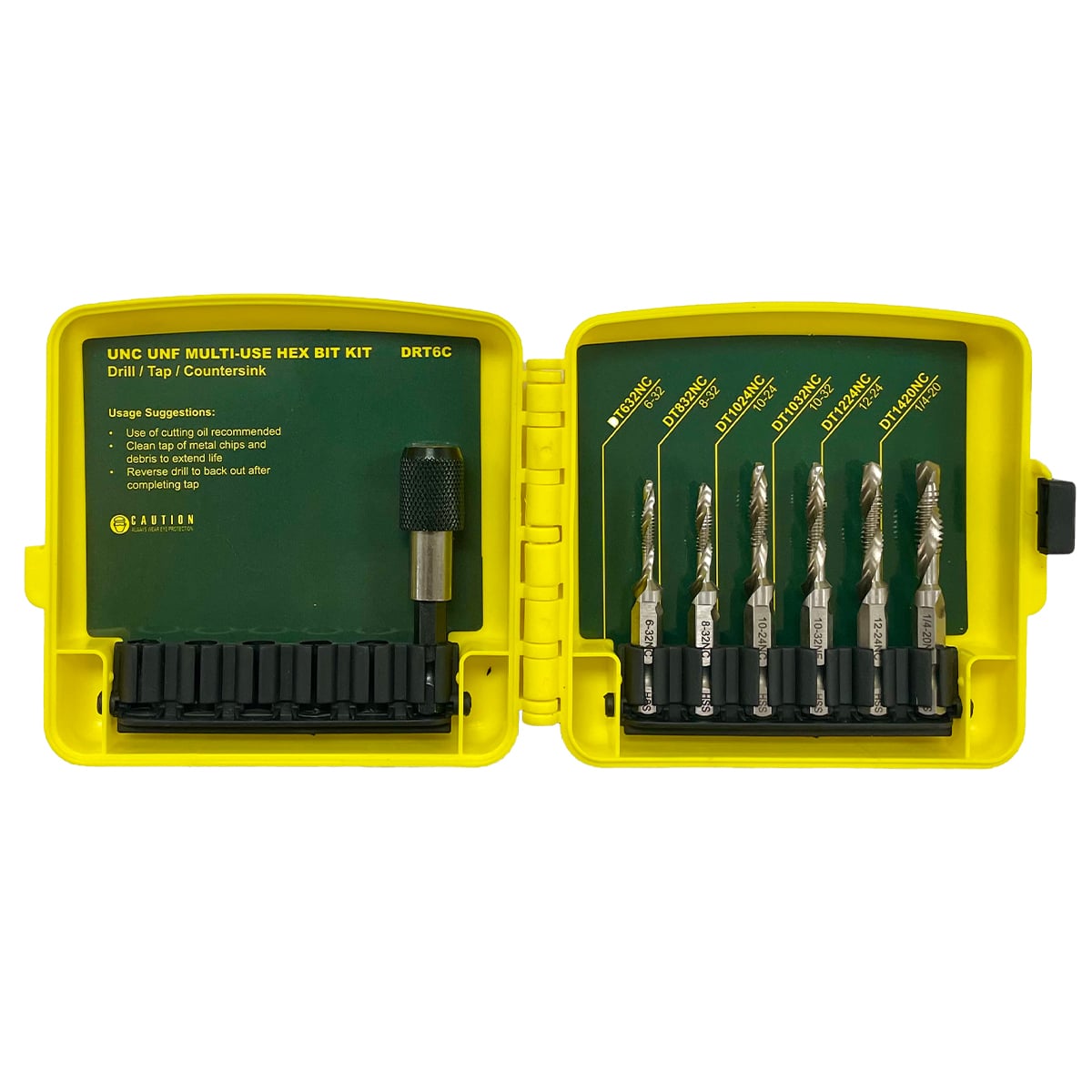 Drill/Tap Kit, 6 pieces, One-Piece Construction , #6-32, #8-32, #10-24, #10-32, #12-24, 1/4-20 IN drill bit size, M2 High Speed Steel material
