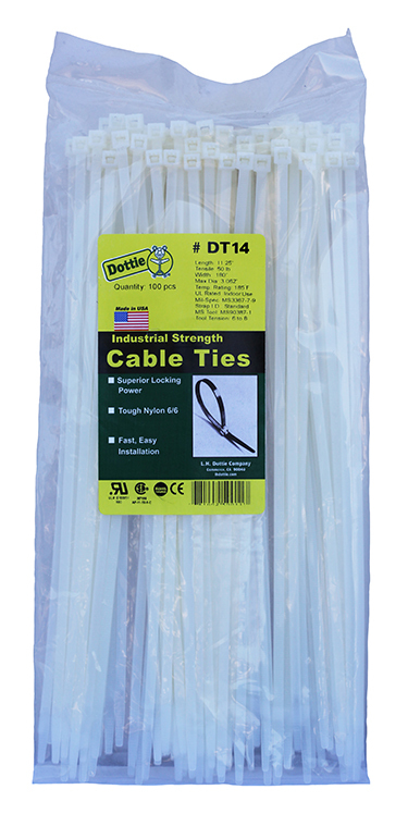 Standard Duty Cable Ties, 0.18 in. width, 11.25 in. length, 0.052 in. thickness, 3.062 in. bundle diameter, Nylon material, Natural, 50 lb. tensile strength