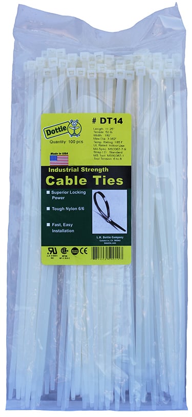 Standard Duty Cable Ties, 0.18 in. width, 14.25 in. length, 0.052 in. thickness, 4 in. bundle diameter, Nylon material, Natural, 50 lb. tensile strength